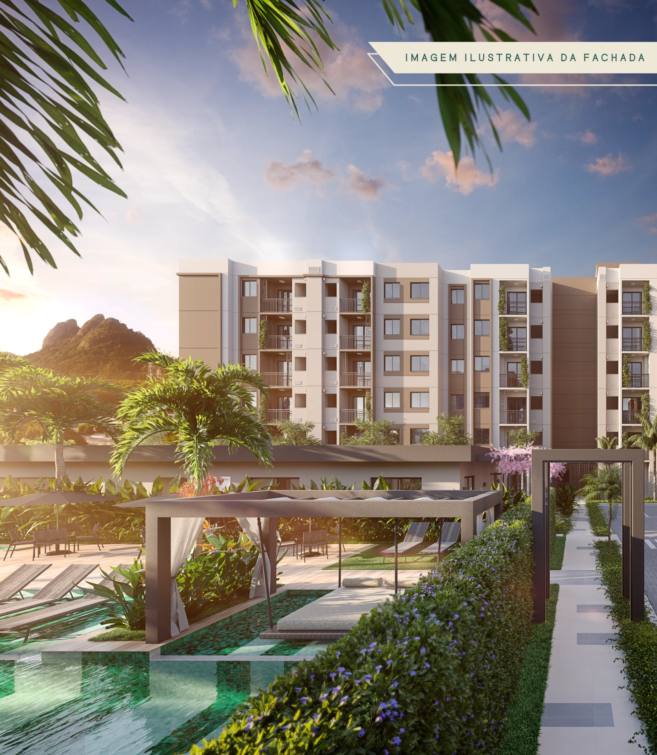 Living Vista Parque em Jacarepaguá, com fachada residencial, piscina, área de lazer e paisagismo